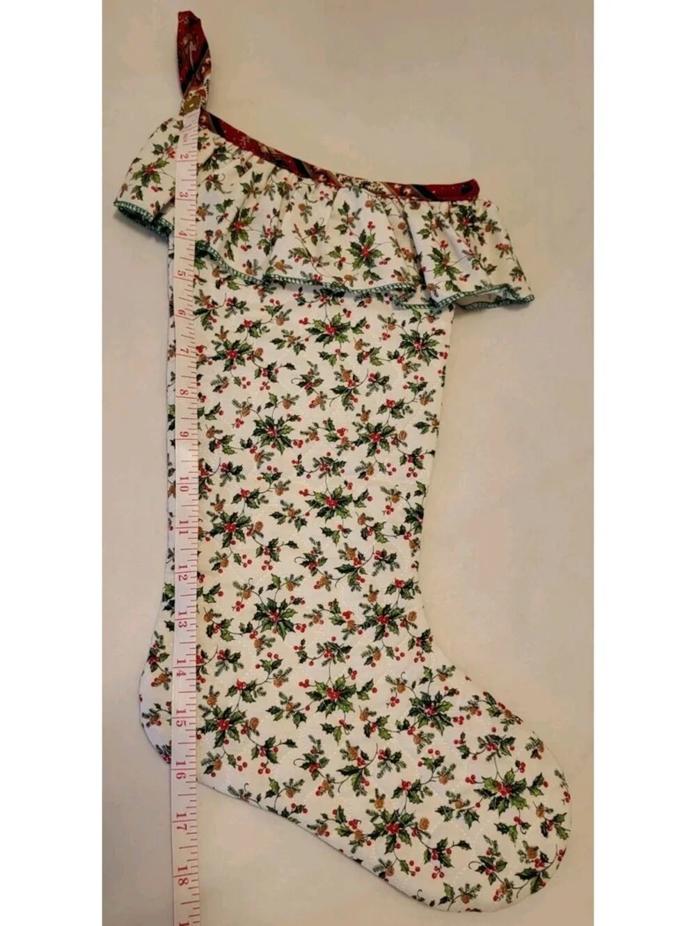 Vintage Handmade White Christmas Stocking Holiday Holly Pinecones Ruffles 22”